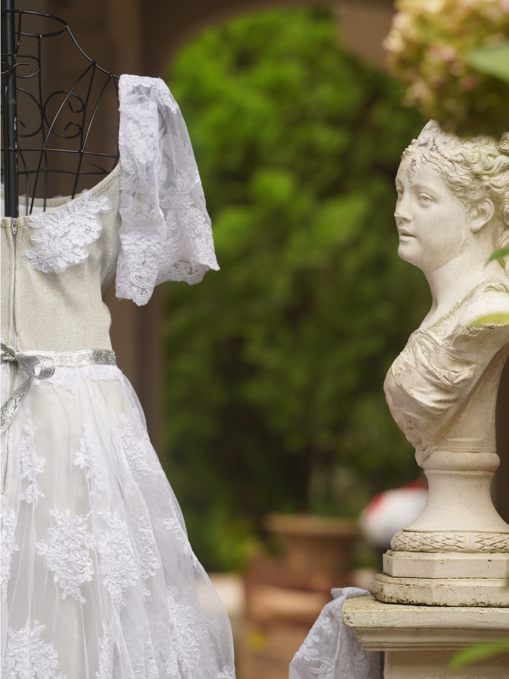 Vintage Ivory & Sage Lace Floral Appliqué Gown | Romantic Off-Shoulder Wedding - Picture 16 of 16
